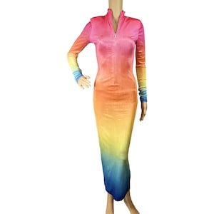 Stylish Ombre Long Sleeve Maxi Dress with Gradient Rainbow Design | Rainbow Color Dress