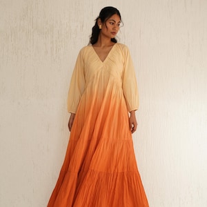 Organic Cotton Ombre Pleated Maxi Dress, Loose Ombre Tiered Dress, Boho Tunic with Pockets, Flowy Loose Fit Dress, Plus Size Custom Sizing