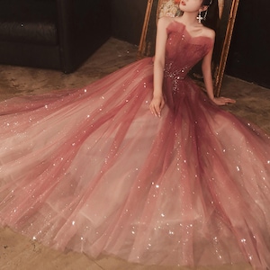 Glitter Red Gradient Fairy Dress, One Shoulder Long Dress, Bridesmaid Wedding Dress, Evening Prom Dress, Party Dress,School Dance Dress,Gift