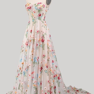 Custom floral embroidery long prom dress, tulle mermaid evening gown, strapless party dress