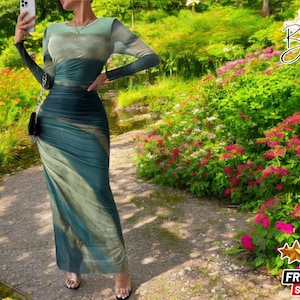 Ombre Mesh Maxi Dress | Gradient Long Sleeve Gown | Ruched Evening Attire for Women | Earth Tone Party Wear | Spring Formal Outfit