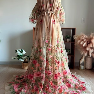 Blossom Beige Floral Embroidered Tulle Dress, Floral Maternity Dress For Photoshoot, Floral Gown, Maternity photo shoot dress, Boho wedding
