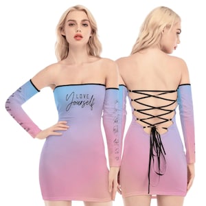 Love Yourself Dress Pastel Gradient Colors Signatures KPop Merch Army Gift Idea Off Shoulder Back Lace-Up All Over Print Dress Korean Style
