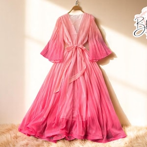 Gradient A-Line Maxi Dress | Flowy V-Neck Long Sleeve Attire | High Waist Lace Up Robe | Women's Summer Casual Formal Outfit