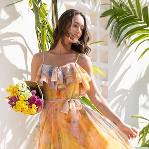 Sunset Gradient Ruffle Maxi Dress | Boho Ombre Vacation Gown | Flowy Beach Sunset Look | Watercolor Print Summer Dress for Travel