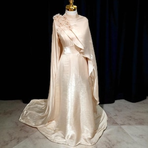 Custom Size Sunshine Organza Cape Sleeve Evening Dress with Handmade 3D Floral Details | Elegant Long Sleeve Modest Gown with Flowing Train