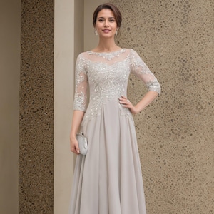 Lace Chiffon Tea Length Mother of the Bride Dress with Sequins,Scoop Illusion Mother of the Groom Dress, Lace Wedding Guest Dress for Women