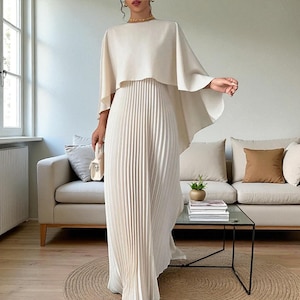 Elegant Pleated Long Dress With Bat Sleeves, Irregular Hem Loose Fit, Spring Summer Fashion Look, Gift For Her, Vacation Outfit Idea