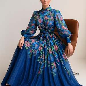 Floral Summer Dress Ladies Long Sleeve Button-Up Belted Maxi Gown 2025 Fashion Lightweight Flowing Elegant Outfit Flowery Pattern Beautiful