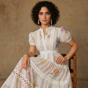 Elegant Chiffon A-Line French Dress, Puff Sleeve V-Neck Prom Dress, Sheer Lace Formal Dress, Floral Printed Midi for Women