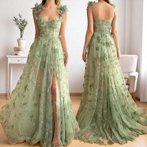 3D Floral Embroidered Tulle Evening Dress | Floral Maxi Strap Elegant Suspender Gown | 3D Applique Formal Party Banquet Prom Dress for Women