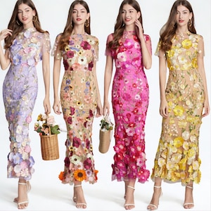 Elegant 3D Floral Embroidered Mesh Maxi Dress – Garden Party, Wedding Guest, Spring Summer Dress – Multiple Colors