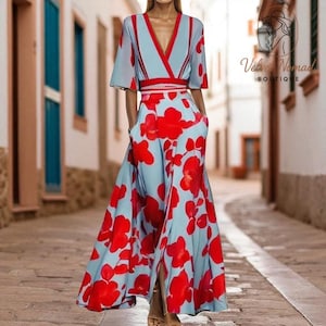 Boho Floral Maxi Dress with Pockets | Summer Wrap V-Neck Long Dress S-3XL | Elegant Wedding Guest, Beach, Vacation, Bridesmaid Outfit