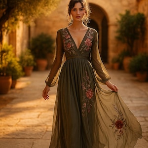 Boho Floral Summer Dress, High Waist Maxi Dress, Long Sleeve Flower Dress, V-Neck Floral Print Summer Dress
