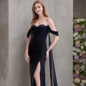 Sweetheart Crepe Evening Gown with Streamers, Long Chiffon A-Line Bridemaid Dress for Women, Off-Shoulder Prom Dresses with Beading